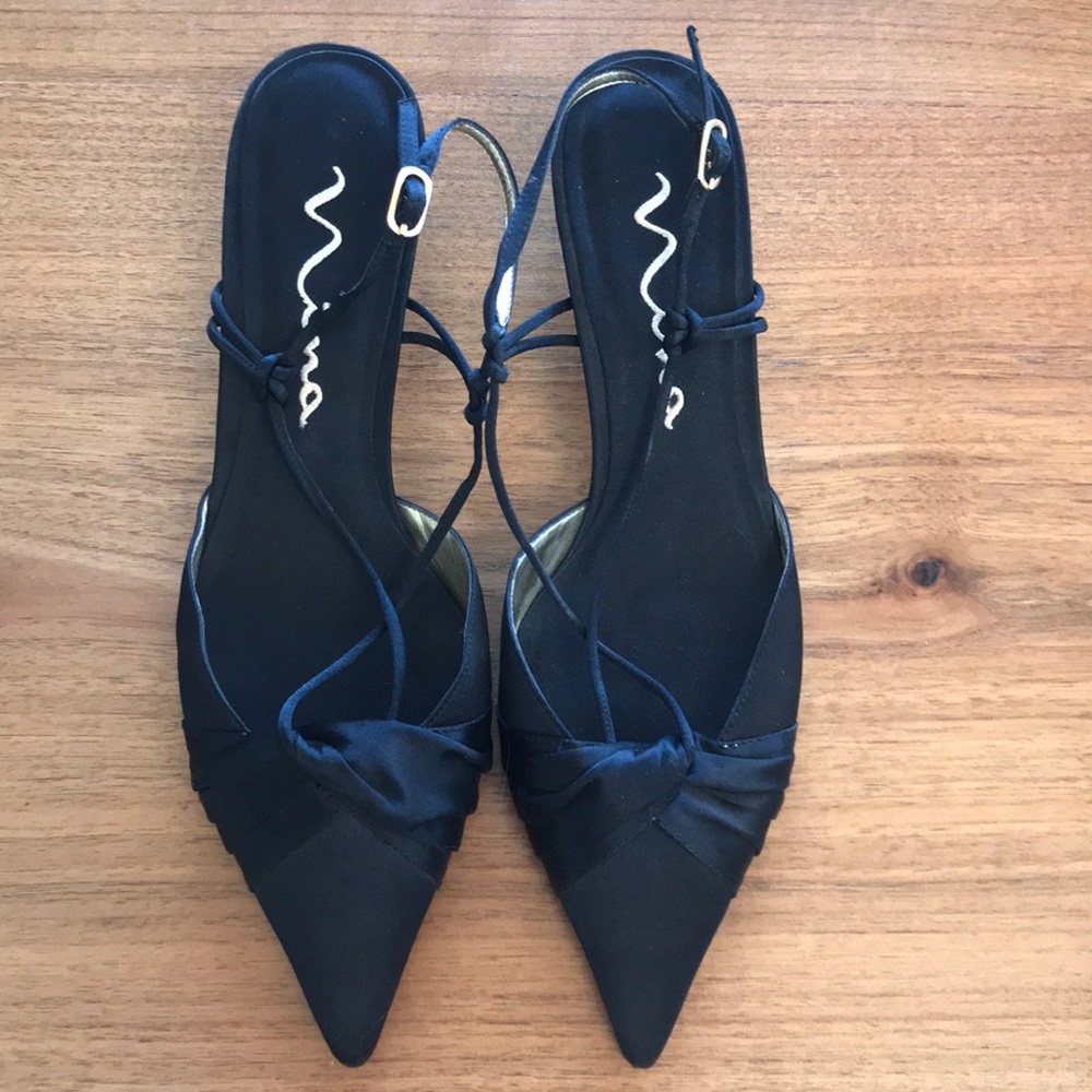 Nina Black Satin Kitten Heels with Gold Accents.